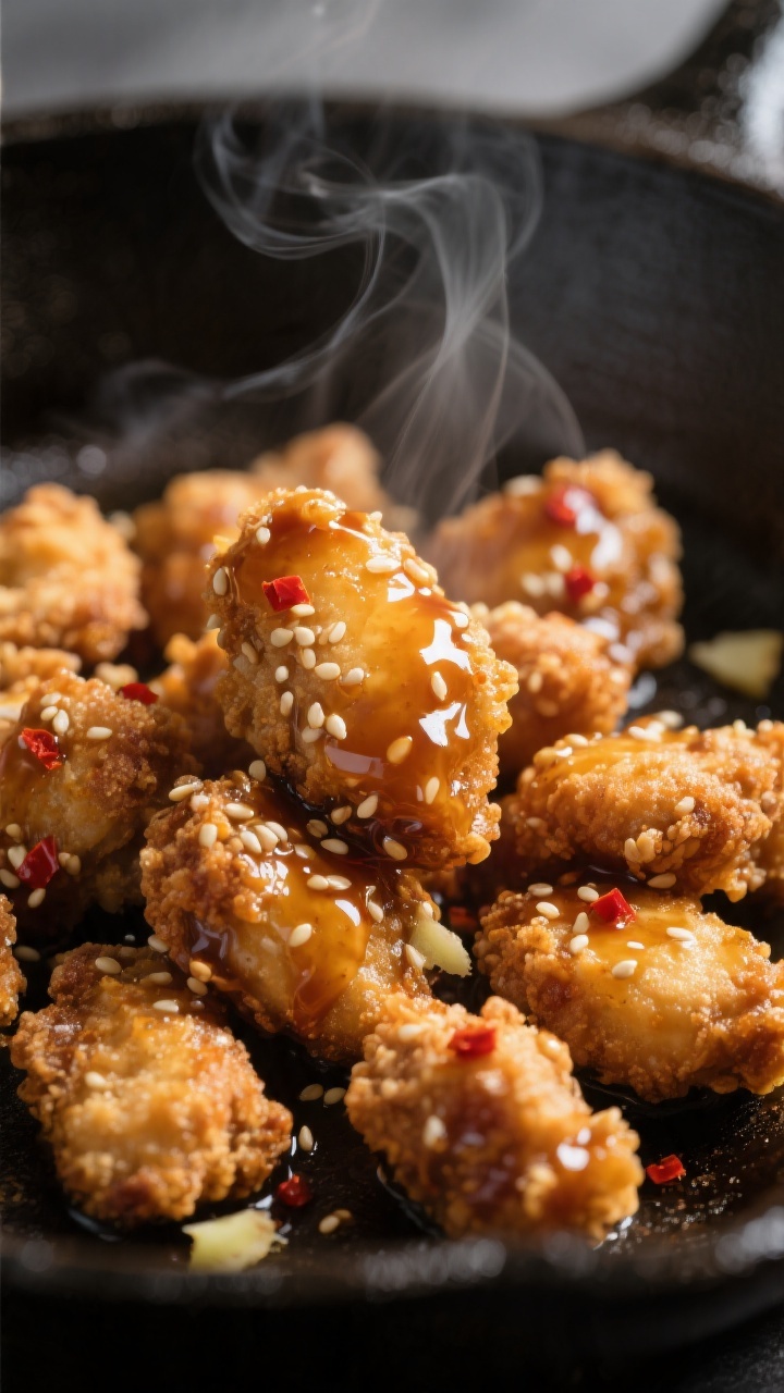 Close-up detail: Crispy sesame chicken bites just after glazing in a skillet, glistening honey-soy-s