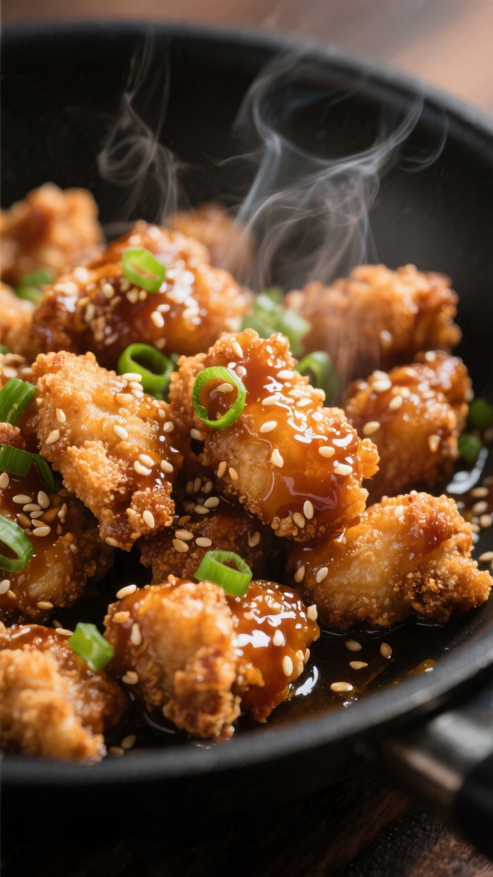 Close-up detail: Crispy sesame chicken just after tossing in glossy sweet-savory sauce, caramelized 