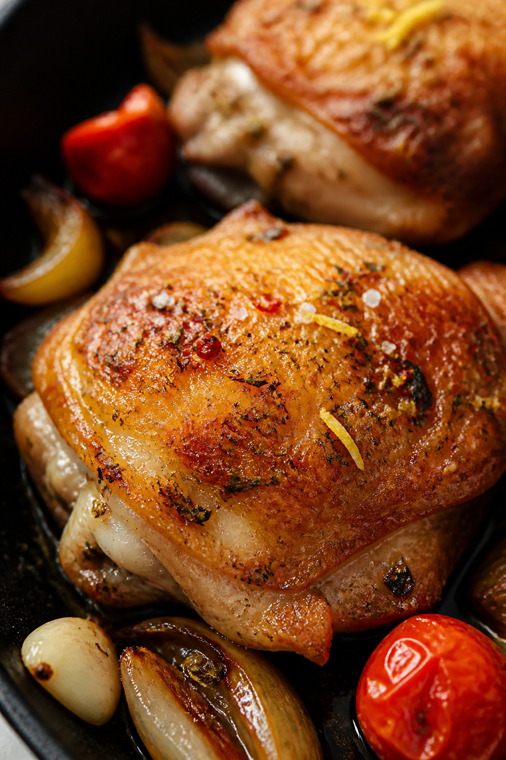 Close-up detail: Crispy-skinned Italian baked chicken thigh just out of the oven, deeply golden blis
