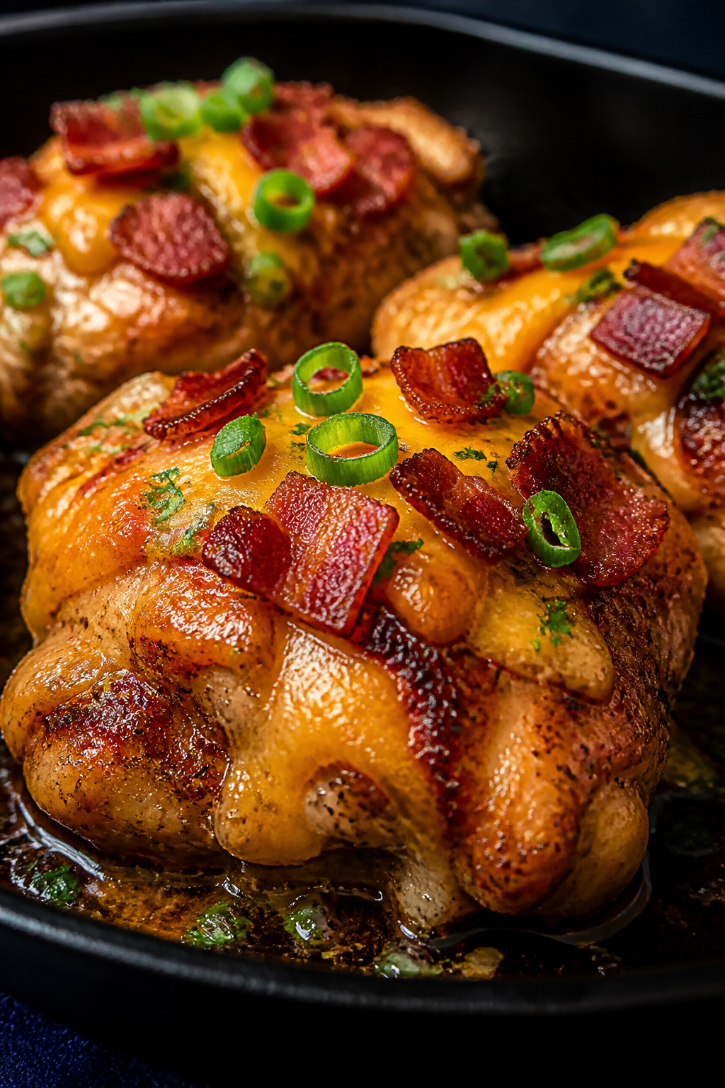 Close-up detail: Crispy-skinned ranch-seasoned chicken thigh just out of the oven, skin blistered an