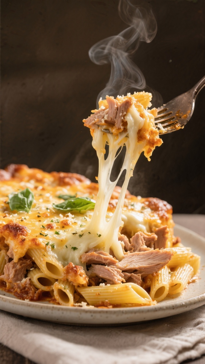 Close-up detail: Fork lifting a gooey bite of protein-packed pasta bake, showing stretchy melted moz