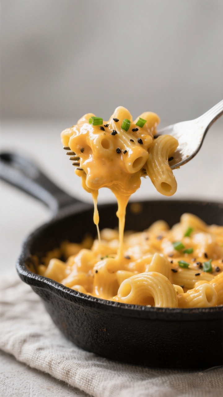 Close-up detail: Forkful of creamy high-protein mac and cheese lifted from a skillet, showing glossy