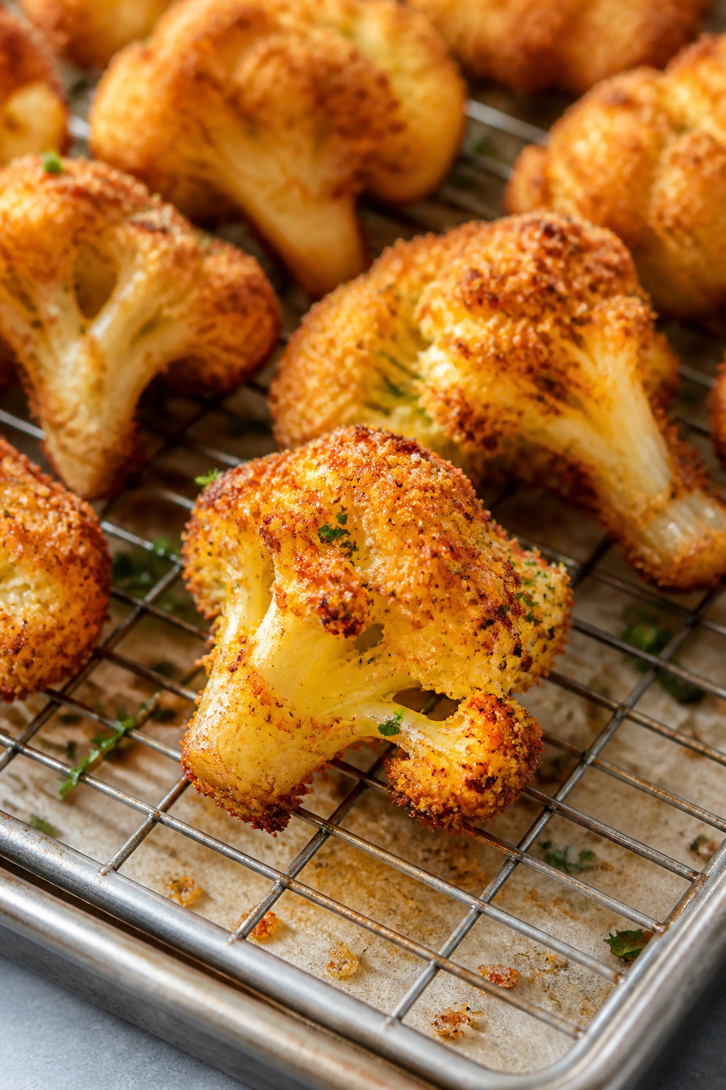 Close-up detail: Fresh-from-the-oven crispy garlic Parmesan cauliflower wings on a wire rack over a