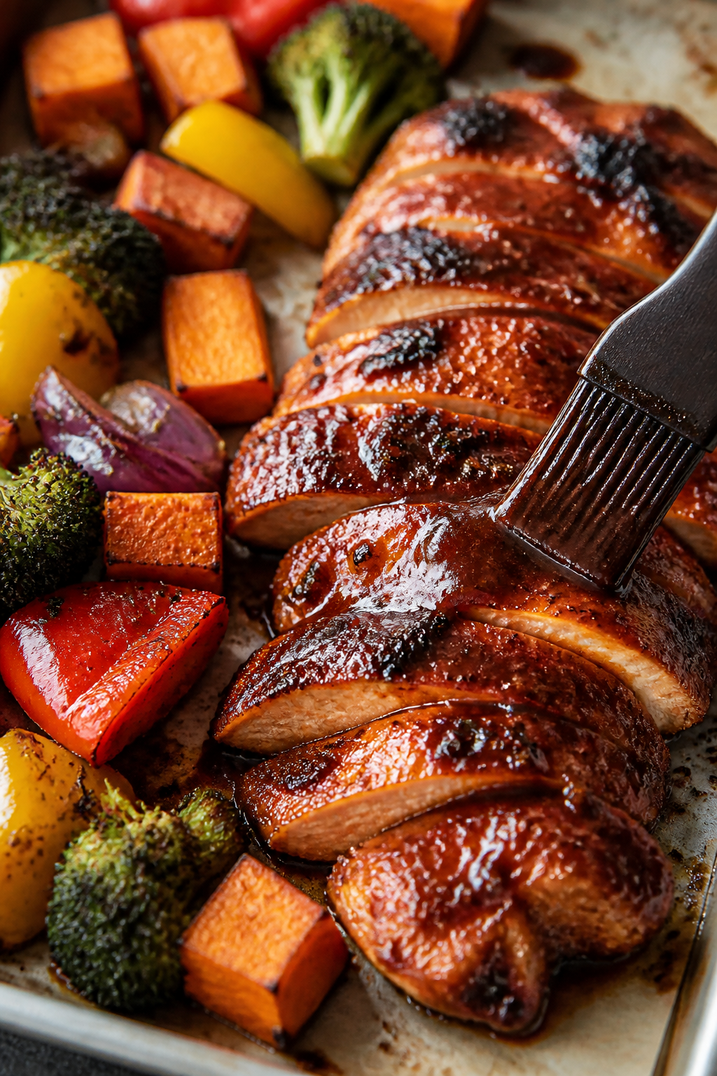 Close-up detail: Glazed BBQ chicken slices resting on the sheet pan beside roasted broccoli, bell pe