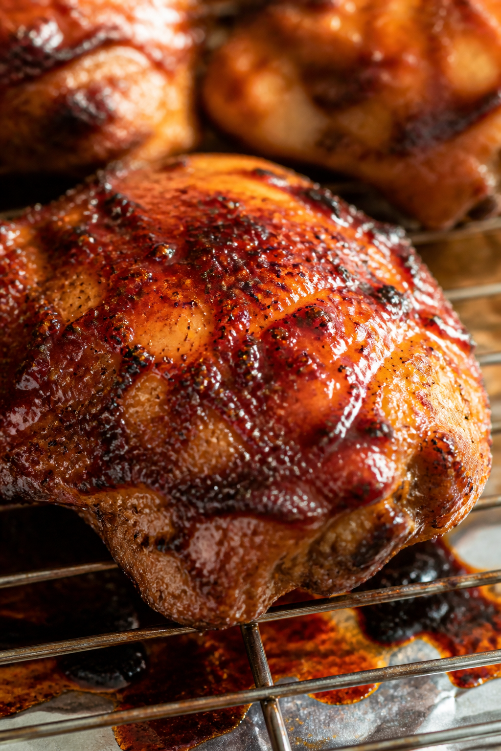 Close-up detail: Glazed BBQ chicken thigh just out of the oven, skin blistered and lacquered with a 