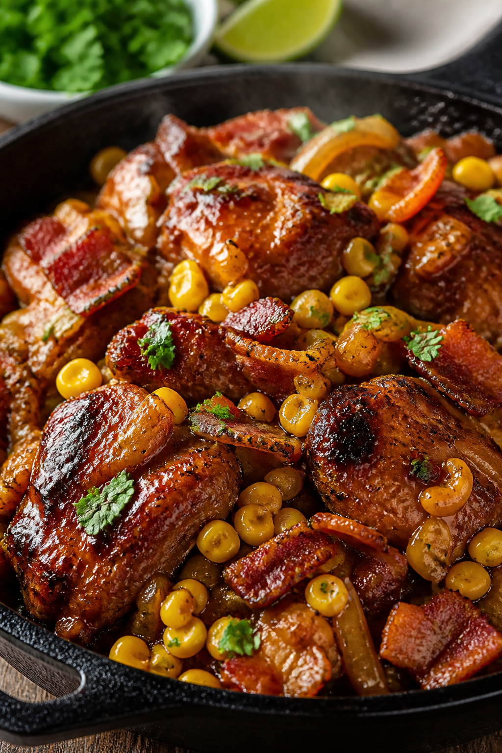 Close-up detail: Glazed BBQ chicken thigh pieces tossed with crispy bacon and corn in a skillet, oni