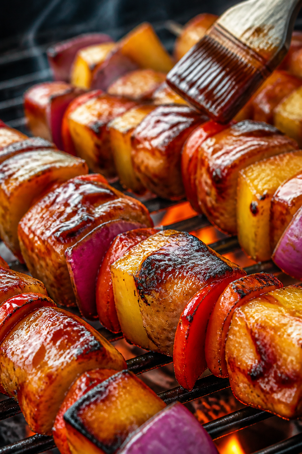 Close-up detail: Glazed BBQ pineapple chicken kabob sizzling on the grill, highlighting glossy BBQ g