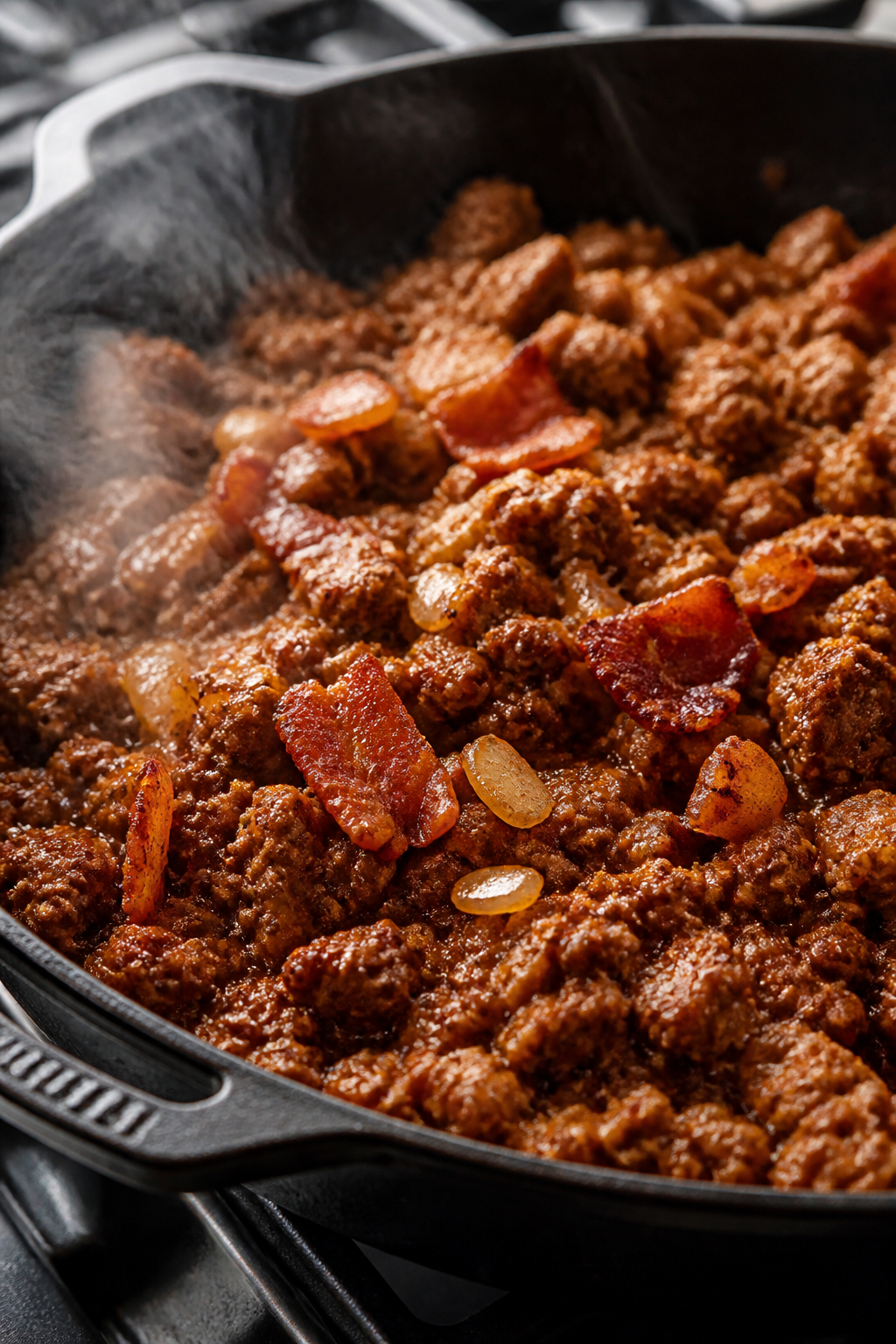 Close-up detail: Glazed BBQ-seasoned ground beef sizzling in a skillet, browned crumbles coated ligh