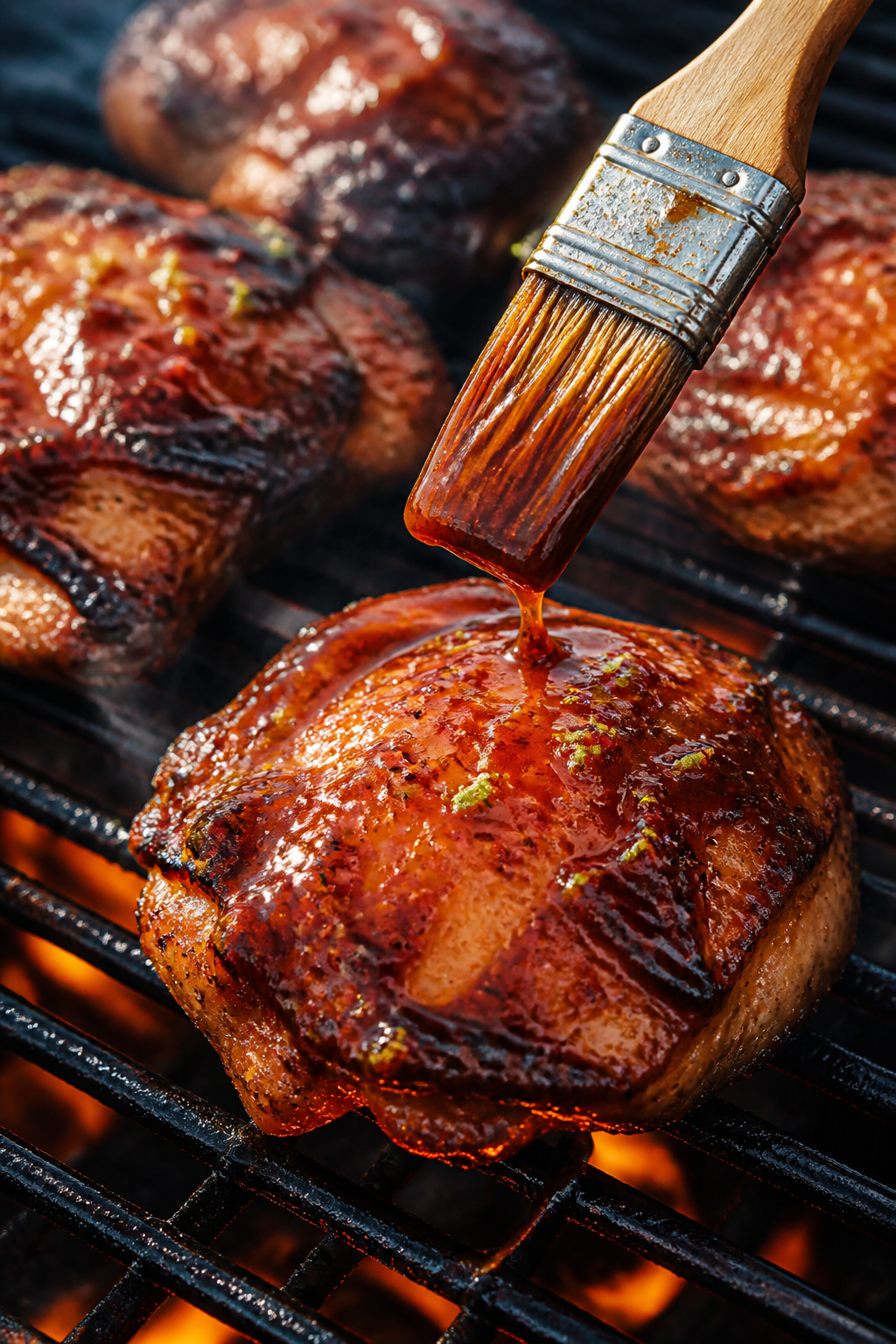 Close-up detail: Glazed grilled chicken thighs sizzling on hot grill grates at medium-high heat, dee