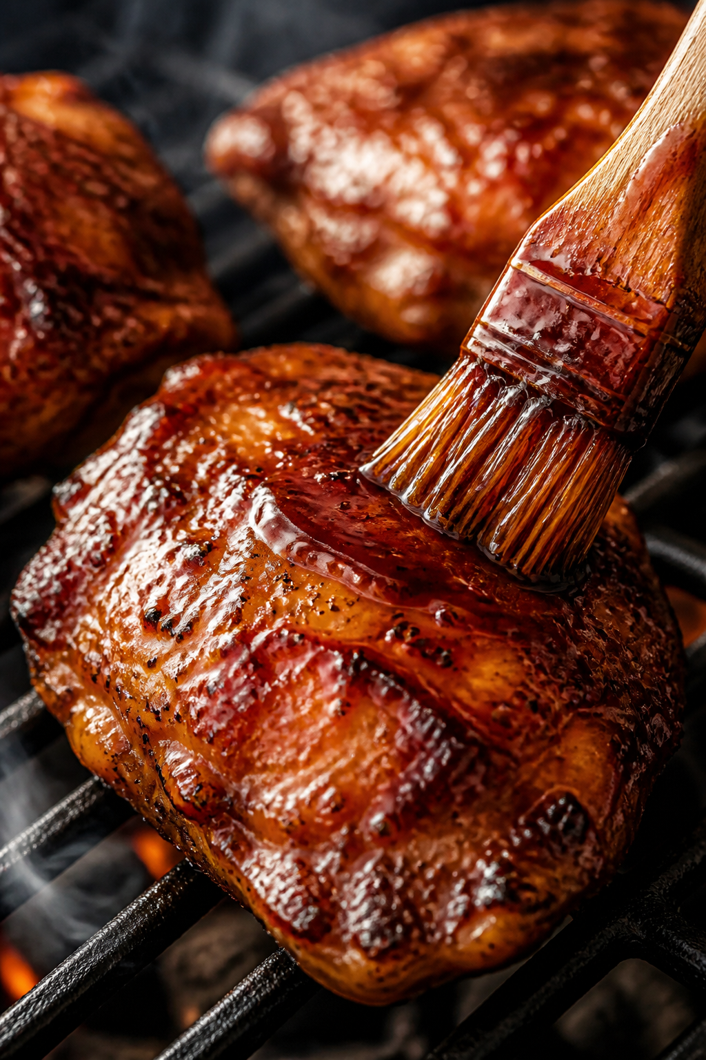 Close-up detail: Glazed Honey BBQ chicken thighs sizzling on a grill, skin blistered with light char