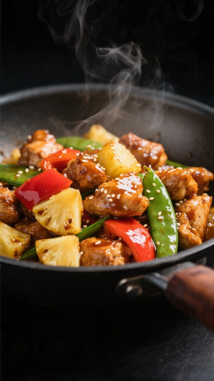 Close-up detail: Glazed pineapple chicken in a sizzling wok, showing caramelized pineapple chunks, g