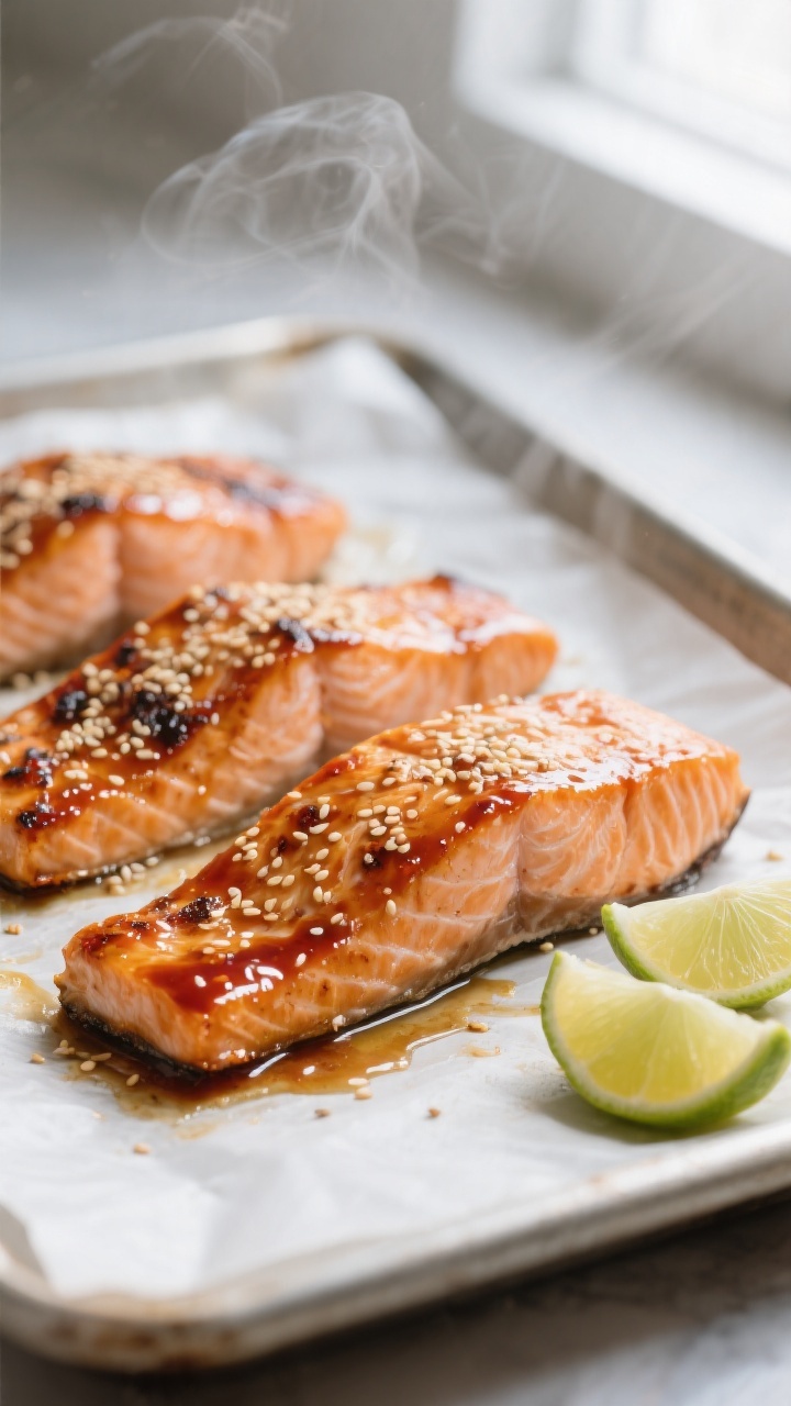 Close-up detail: Glazed sweet chili salmon just out of the oven on a parchment-lined sheet pan, fill