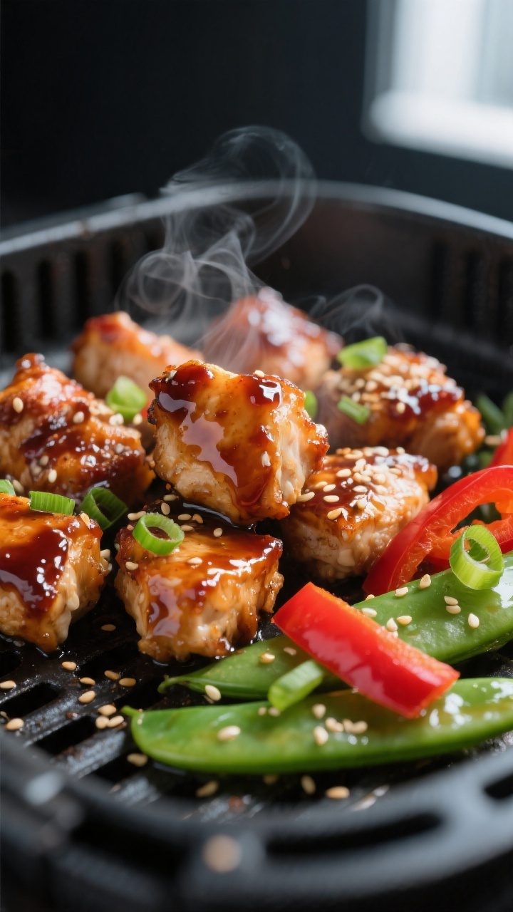 Close-up detail: Glazed teriyaki chicken bites fresh from the air fryer basket, caramelized edges gl
