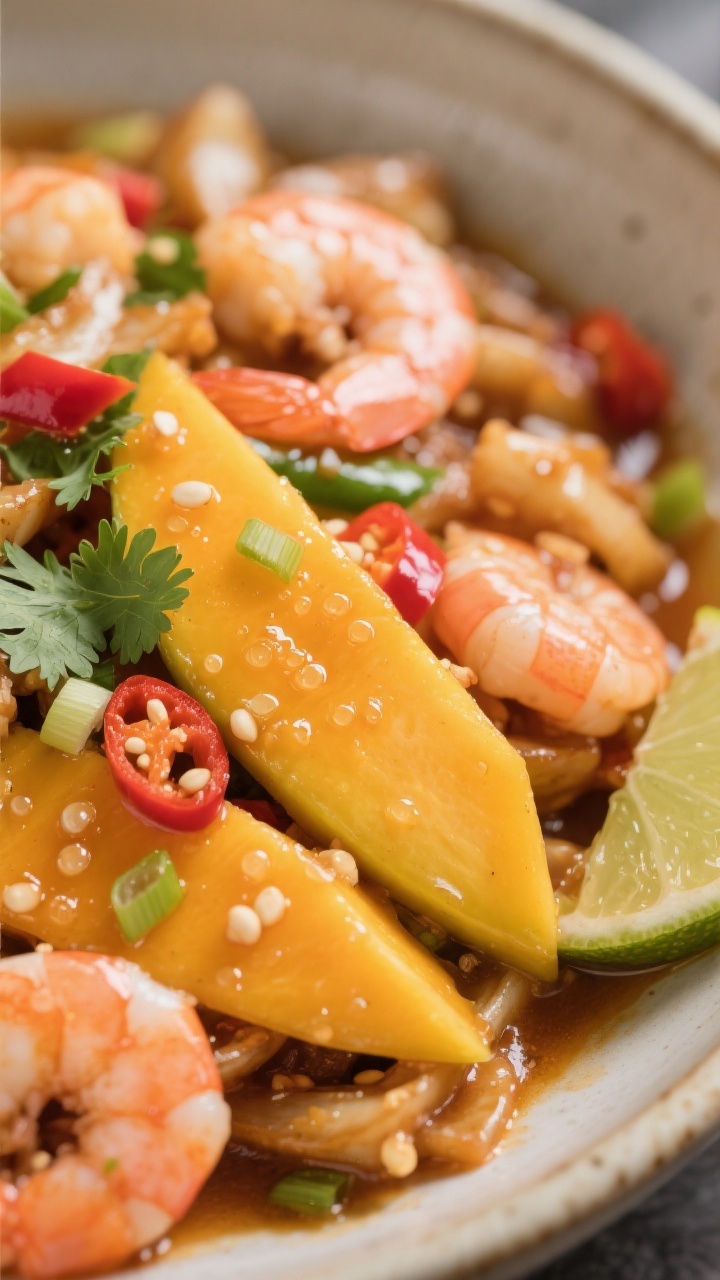 Close-up detail: Glistening slices of firm-ripe mango gently folded into the stir fry with shrimp, l