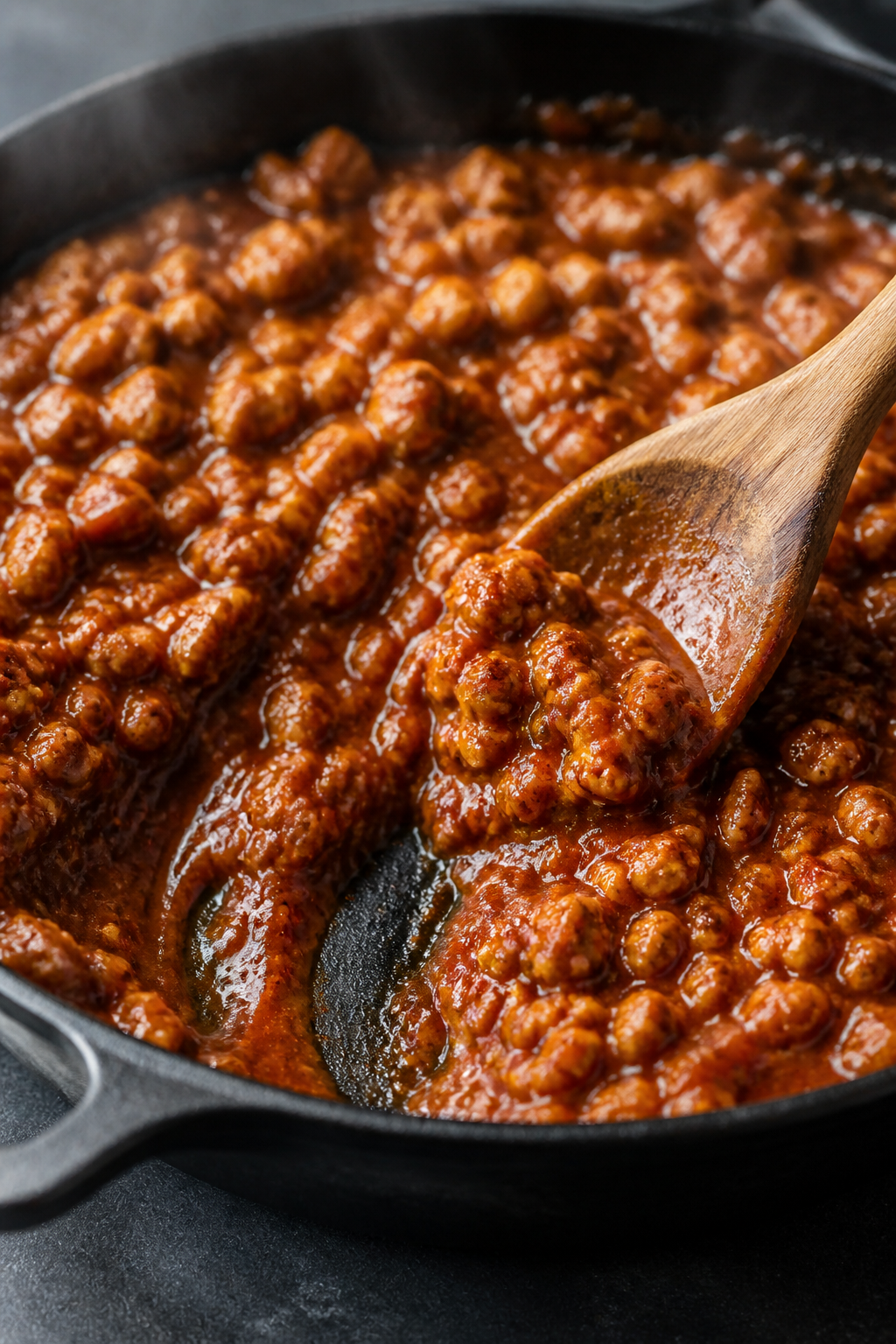 Close-up detail: Glossy BBQ chicken sloppy joe filling sizzling in a skillet during the simmer stage