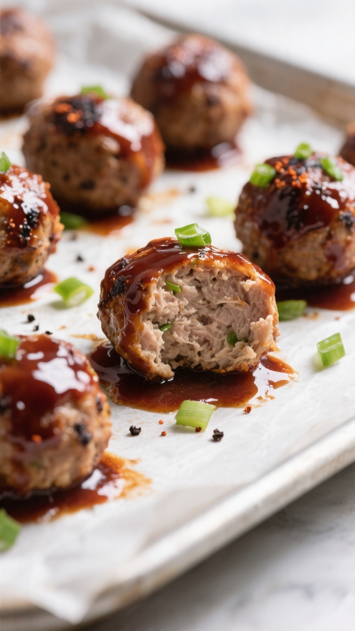 Close-up detail: Glossy BBQ-glazed turkey meatballs just out of the oven on a parchment-lined sheet 
