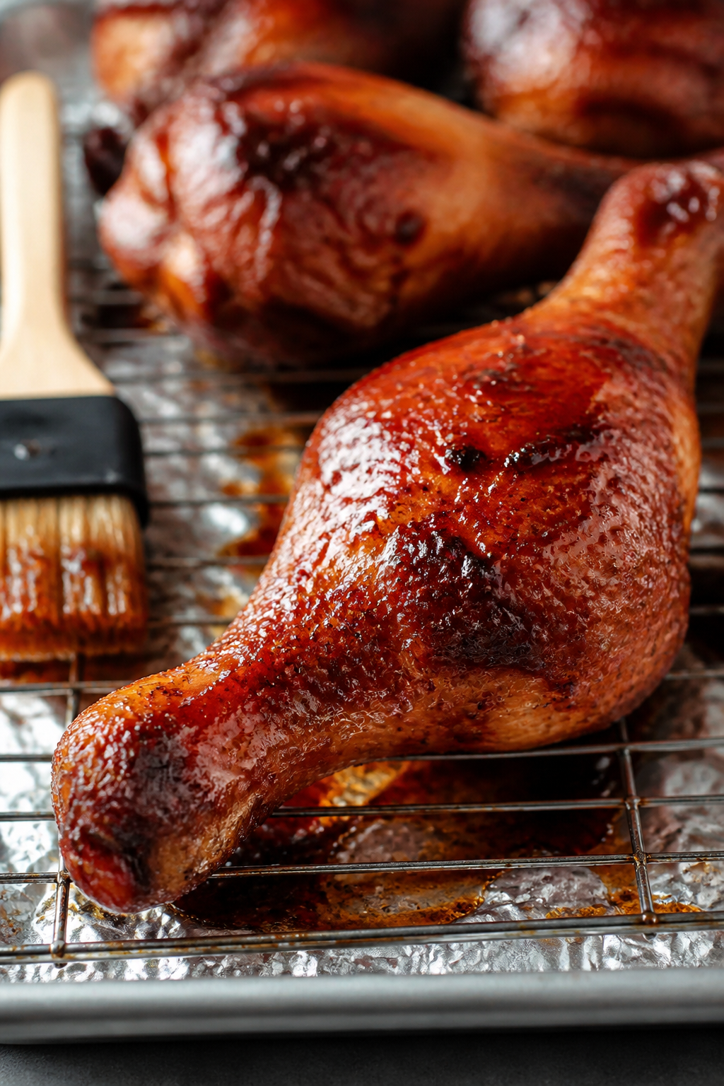 Close-up detail: Glossy, caramelized Brown Sugar BBQ drumsticks fresh from the oven, skin blistered 