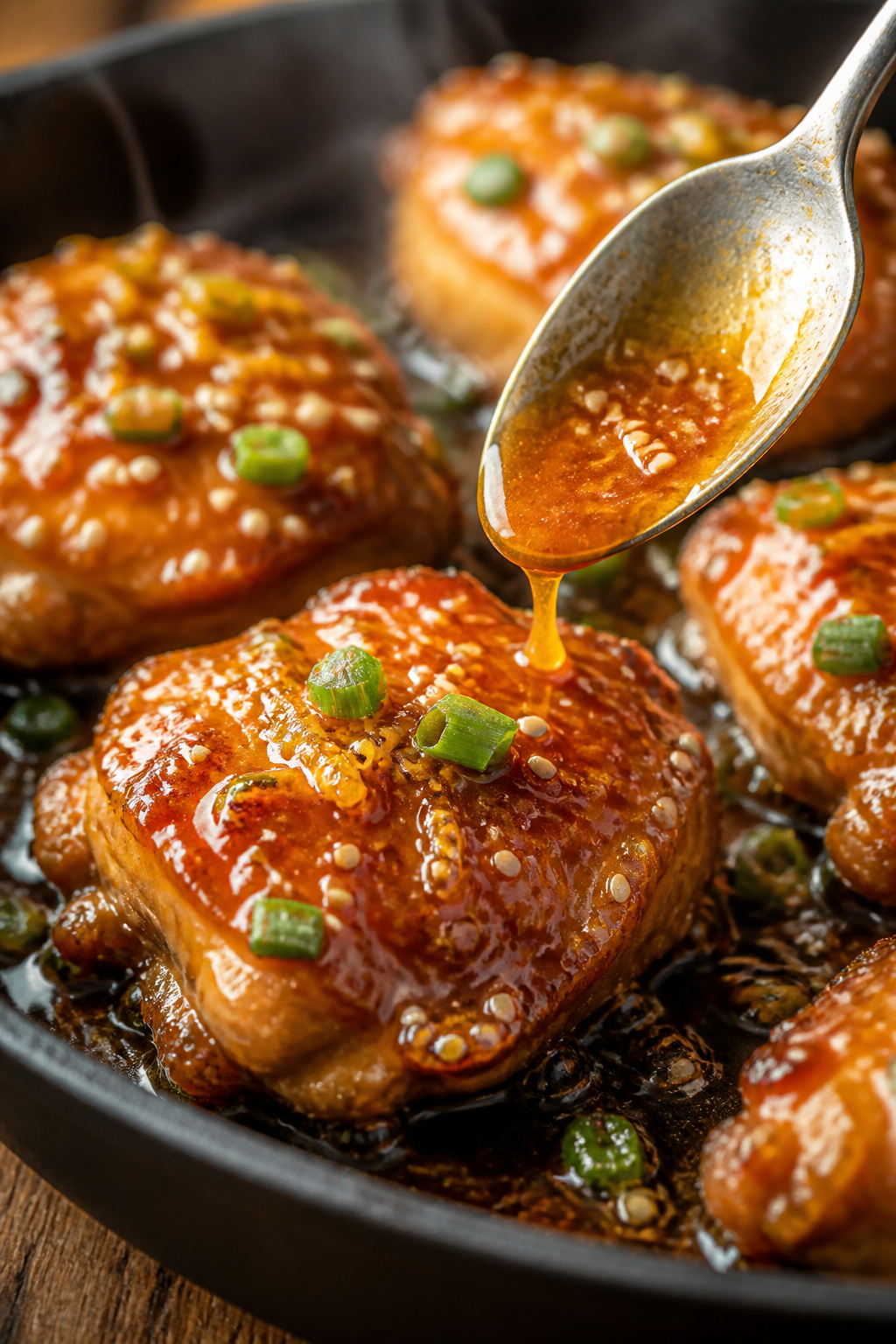 Close-up detail: Glossy, caramelized sticky orange chicken thighs just out of the oven in an oven-sa