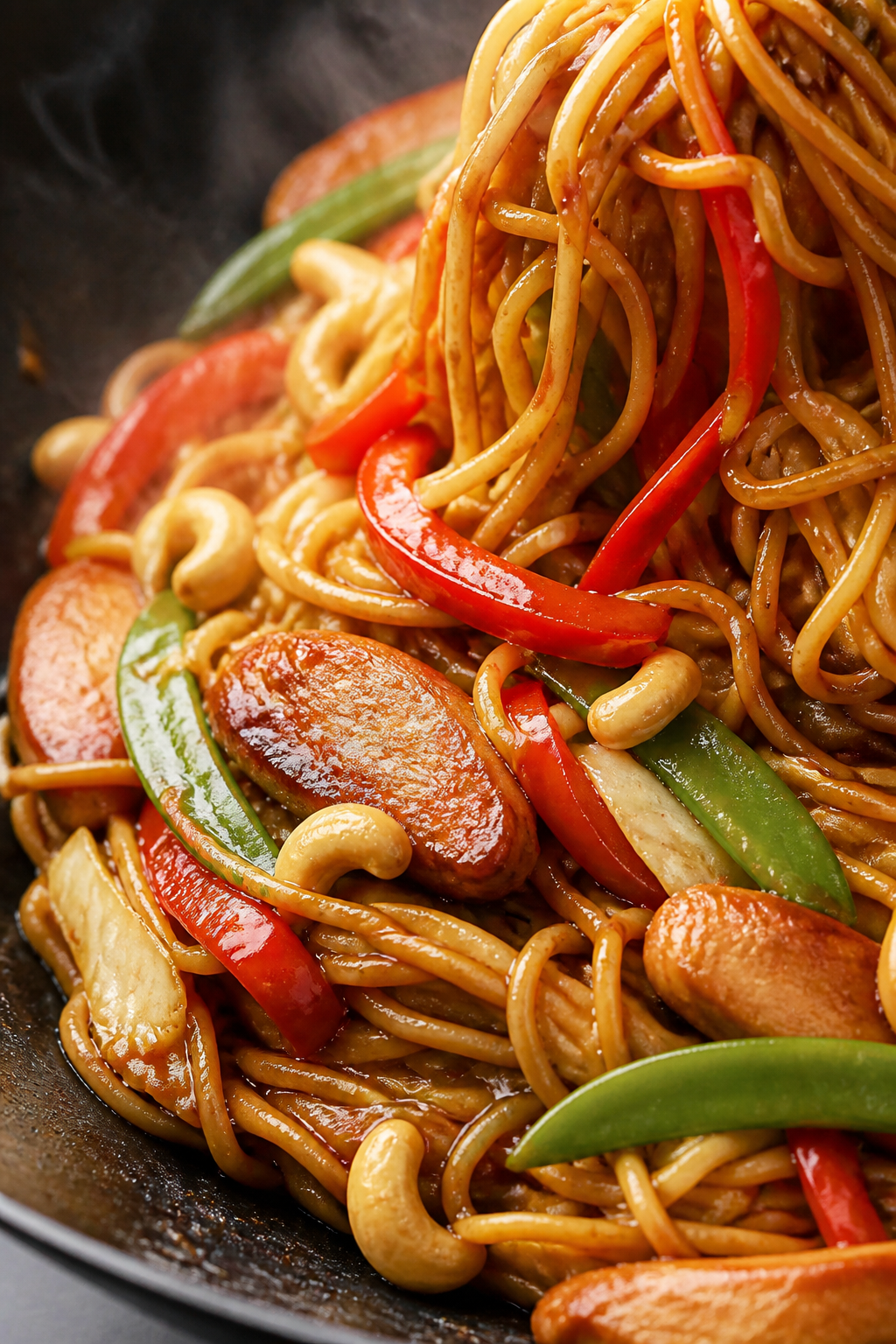 Close-up detail: Glossy cashew chicken lo mein being tossed in a hot wok, sauce visibly clinging to 