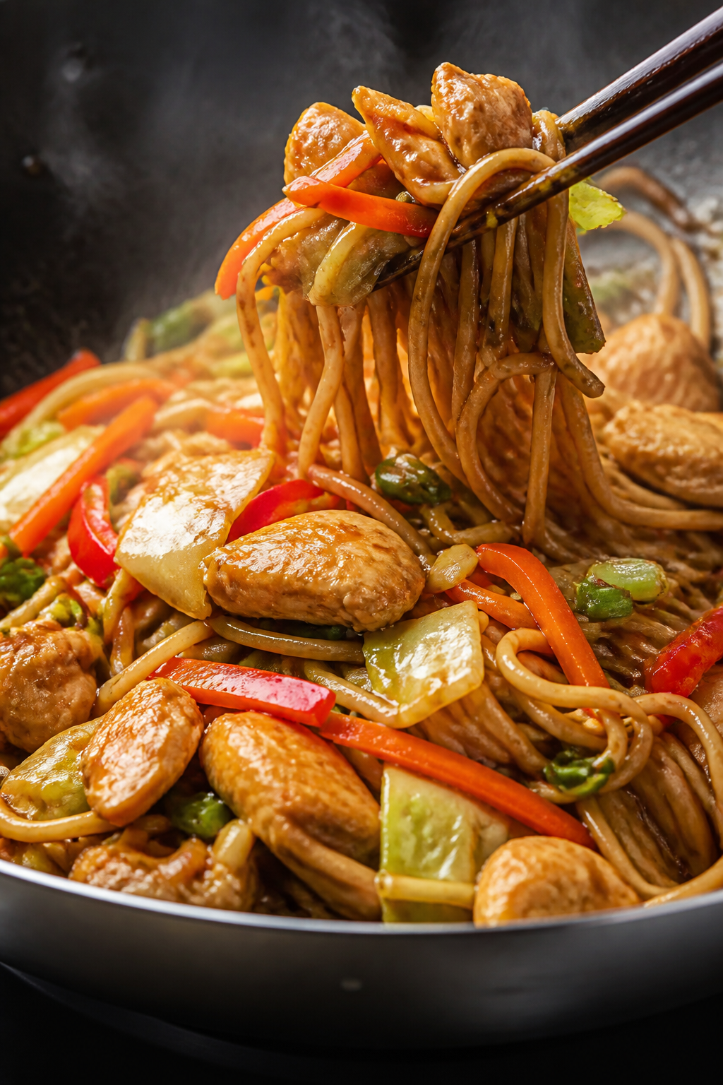 Close-up detail: Glossy chicken lo mein mid-toss in a wok over medium-high heat, showing tender, lig