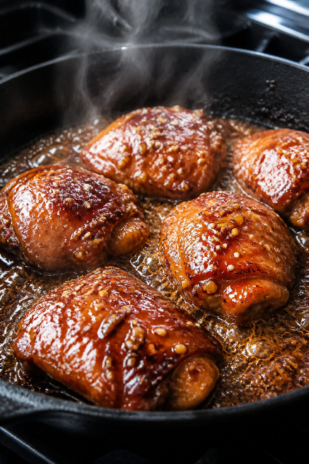 Close-up detail: Glossy, cooked boneless chicken thighs in a skillet mid-simmer, sauce bubbling and 