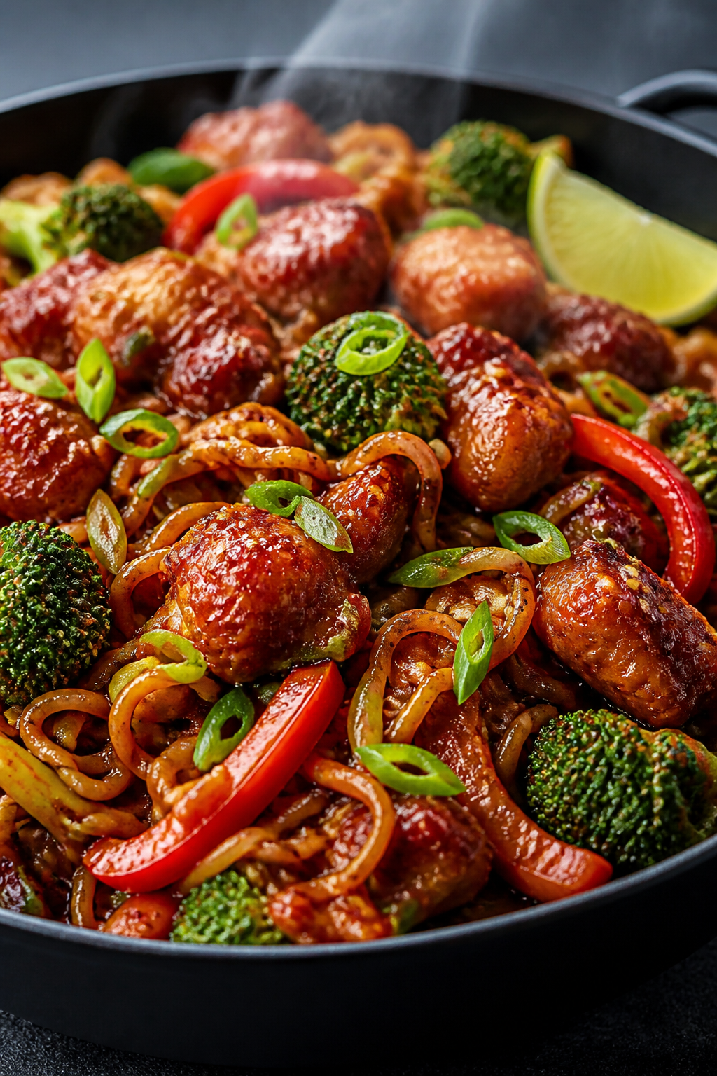 Close-up detail: Glossy firecracker chicken tossed with ramen noodles in a shallow Dutch oven, steam