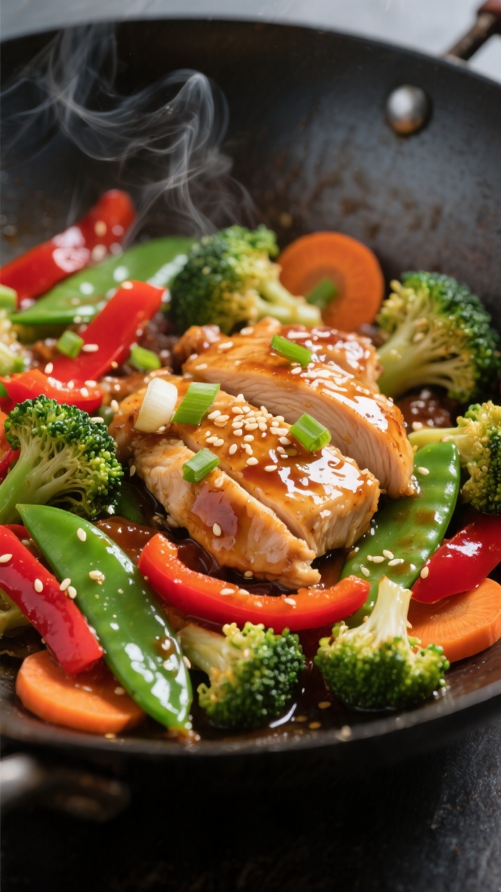 Close-up detail: Glossy garlic-ginger chicken slices nestled among crisp-tender broccoli florets, re