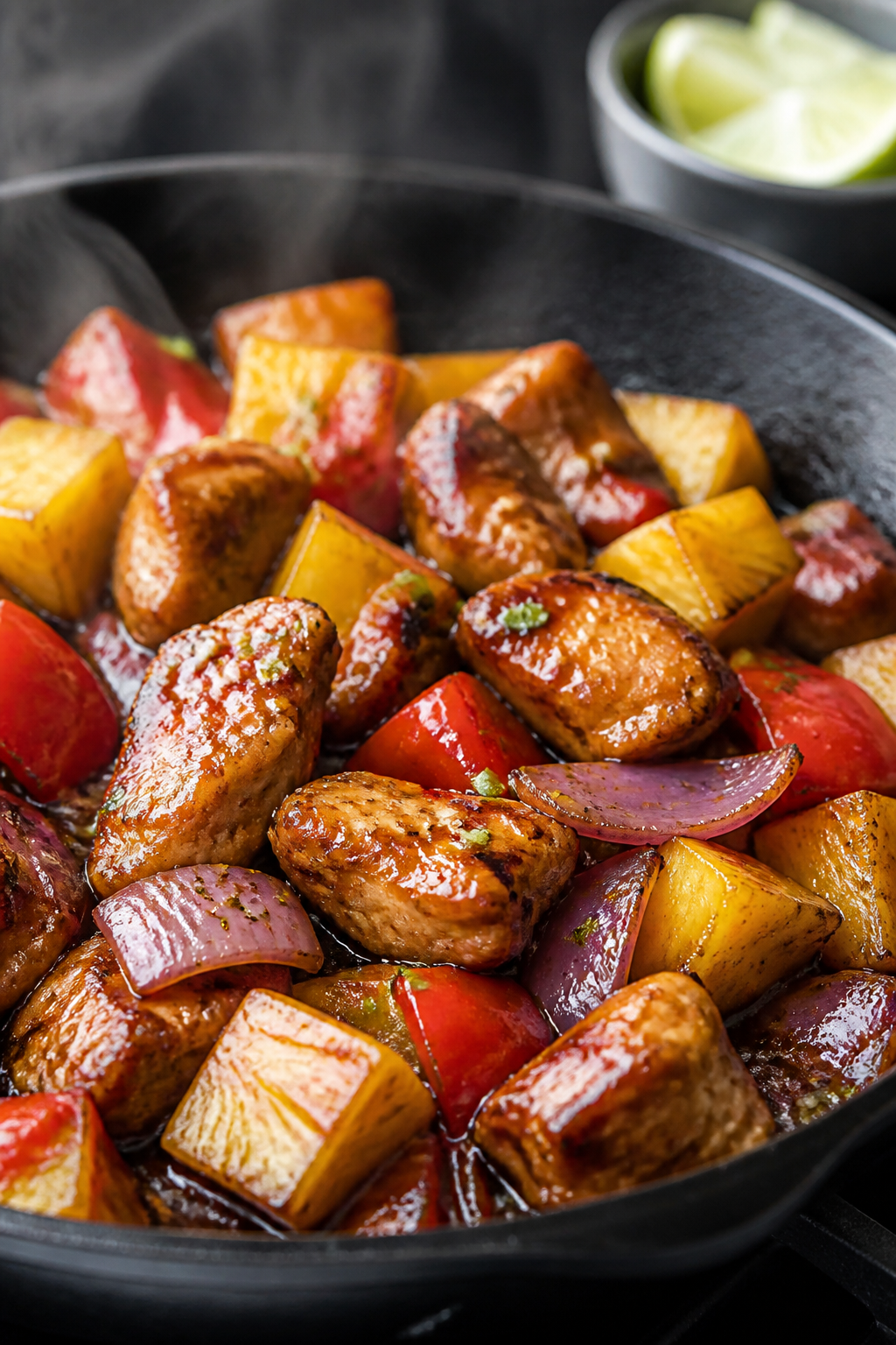 Close-up detail: Glossy Hawaiian BBQ chicken bites and caramelized pineapple chunks sizzling in a sk