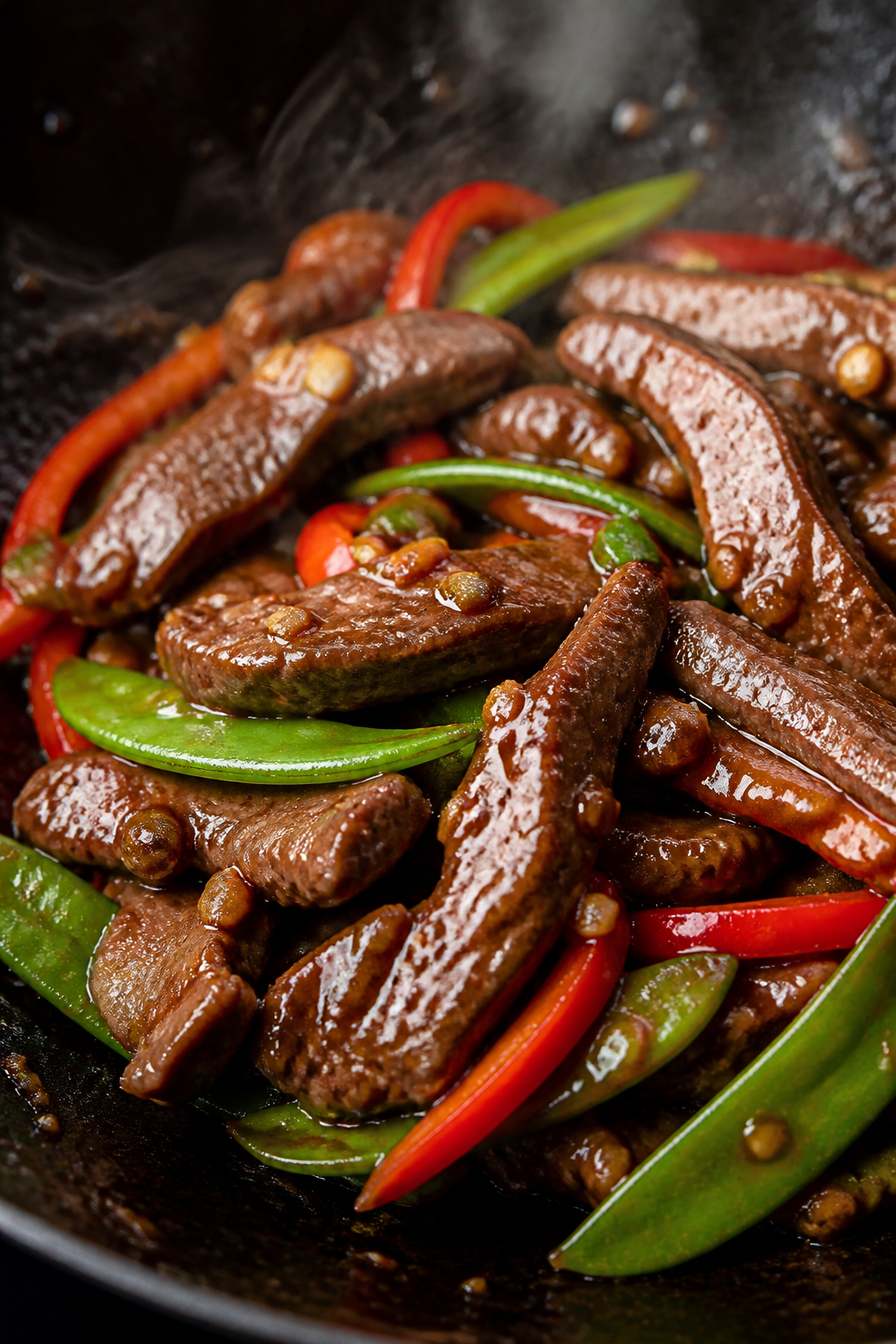 Close-up detail: Glossy hoisin-garlic beef strips just seared in a wok, edges caramelized and gliste