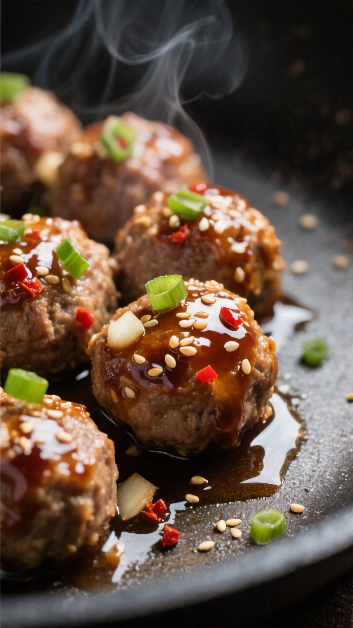 Close-up detail: Glossy honey-garlic glazed turkey meatballs fresh from the pan, sauce clinging and