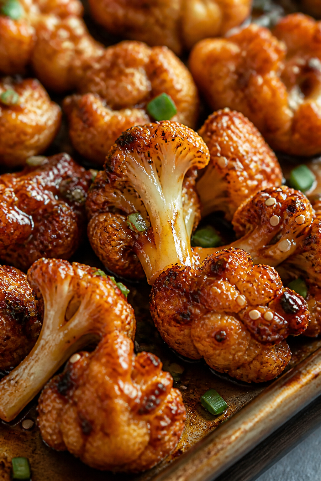 Close-up detail: Glossy honey sriracha–glazed roasted cauliflower florets just out of the oven, de