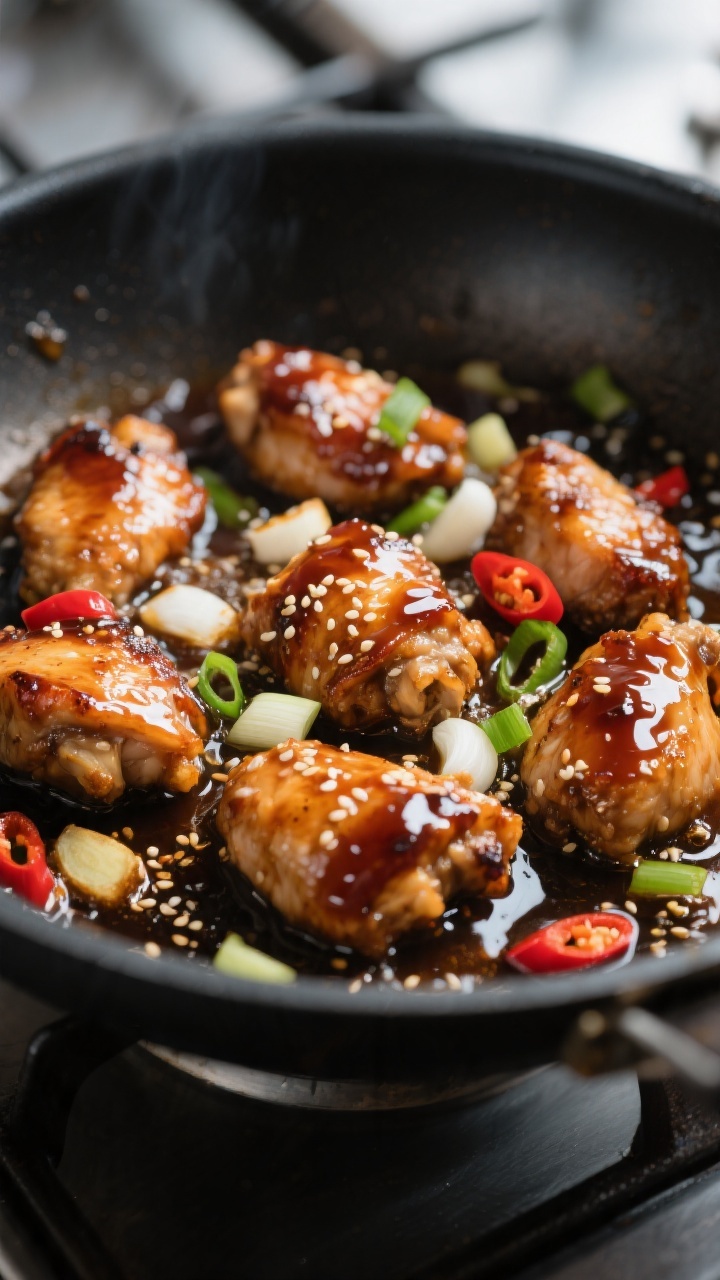 Close-up detail: Glossy Korean Sweet Soy Chicken bites sizzling in a dark skillet during the “thic