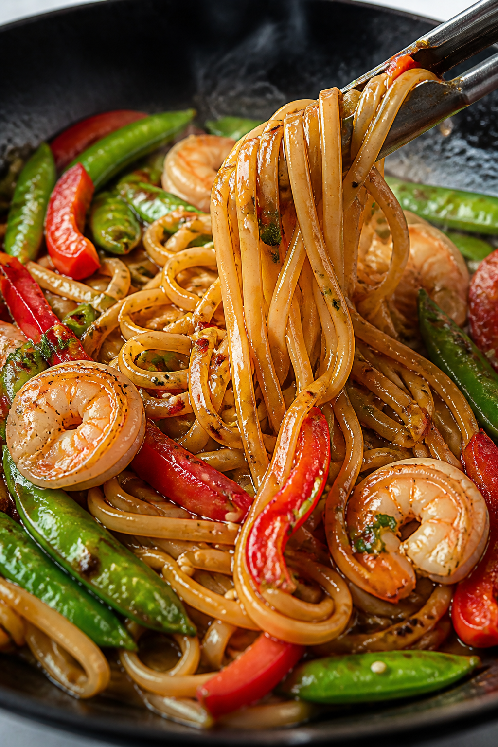 Close-up detail: Glossy linguine strands being tossed in a skillet with Thai sweet chili-lime-soy-bu
