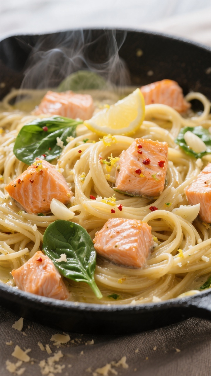 Close-up detail: Glossy linguine twirled in a skillet, coated in silky garlic-butter sauce with visi