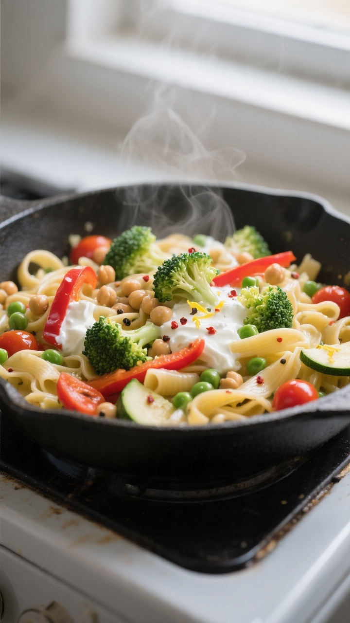 Close-up detail: Glossy pasta primavera being tossed in a skillet over low heat, showing al dente ch
