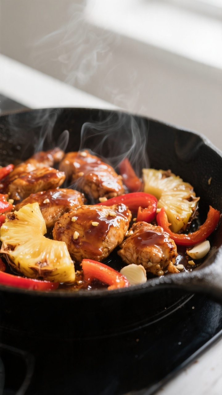 Close-up detail: Glossy pineapple teriyaki chicken sizzling in a skillet mid-cook, showing carameliz