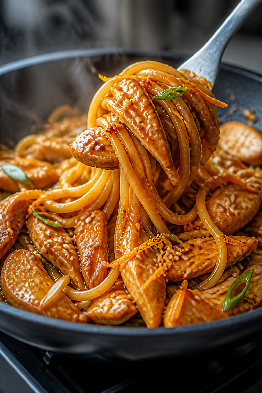 Close-up detail: Glossy sesame orange chicken strands of linguine being tossed in a skillet, sauce t