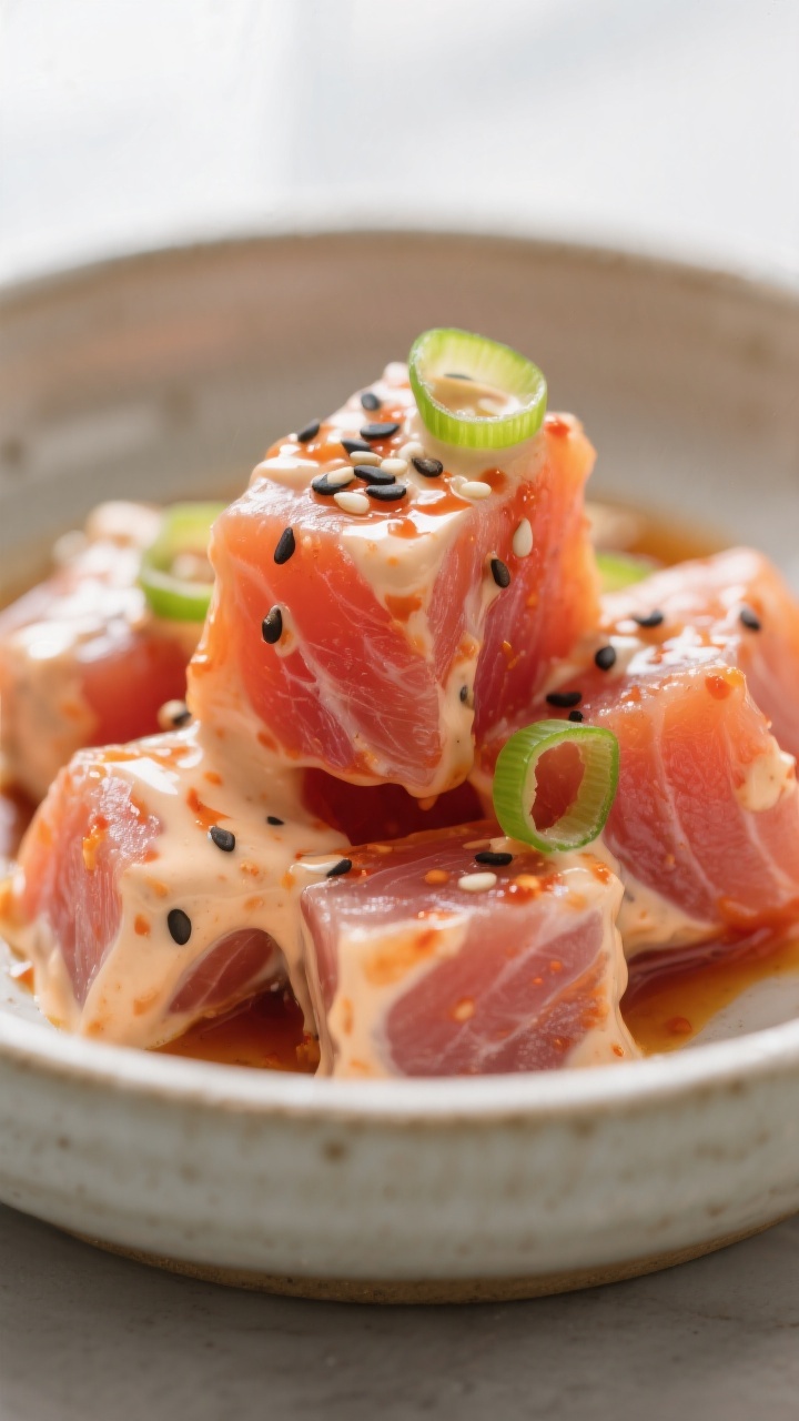 Close-up detail: Glossy spicy tuna cubes gently folded in creamy sriracha-mayo with soy, sesame oil,