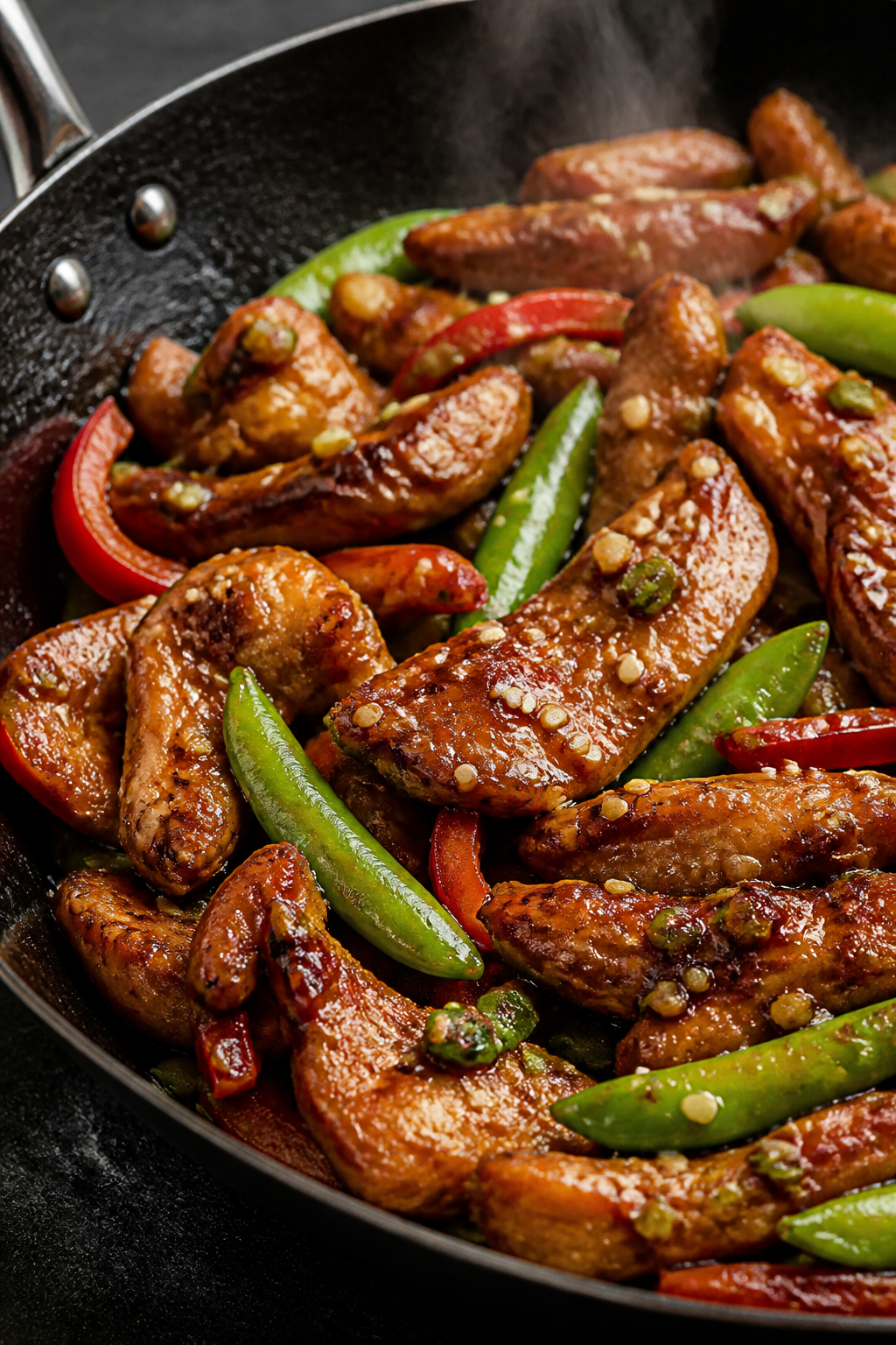Close-up detail: Glossy sweet soy–glazed chicken thigh strips sizzling in a wok, edges deeply brow