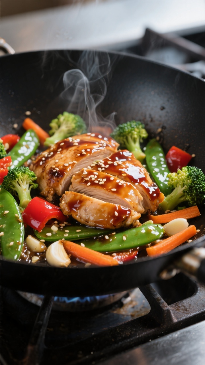Close-up detail: Glossy teriyaki chicken and crisp-tender veggies sizzling in a black wok, sauce jus