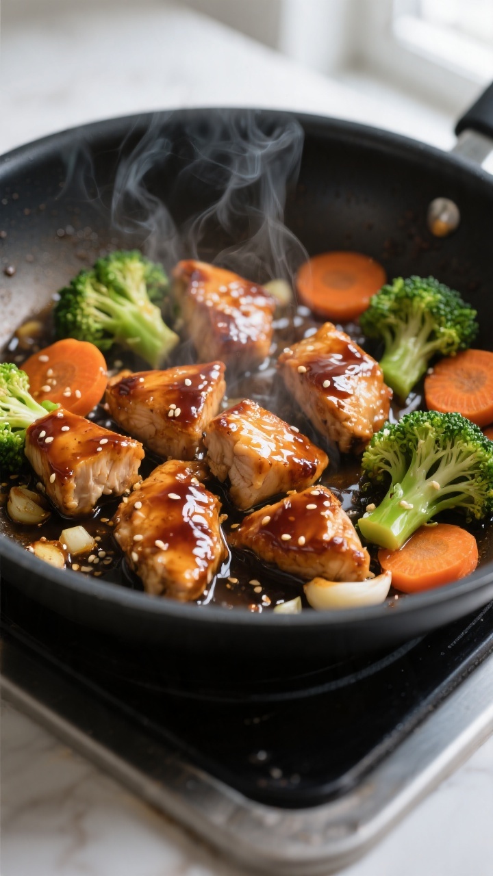 Close-up detail: Glossy teriyaki chicken bite-size pieces sizzling in a skillet as the sauce thicken