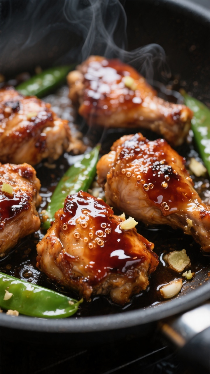 Close-up detail: Glossy teriyaki chicken thigh pieces sizzling in a skillet just after the cornstarc
