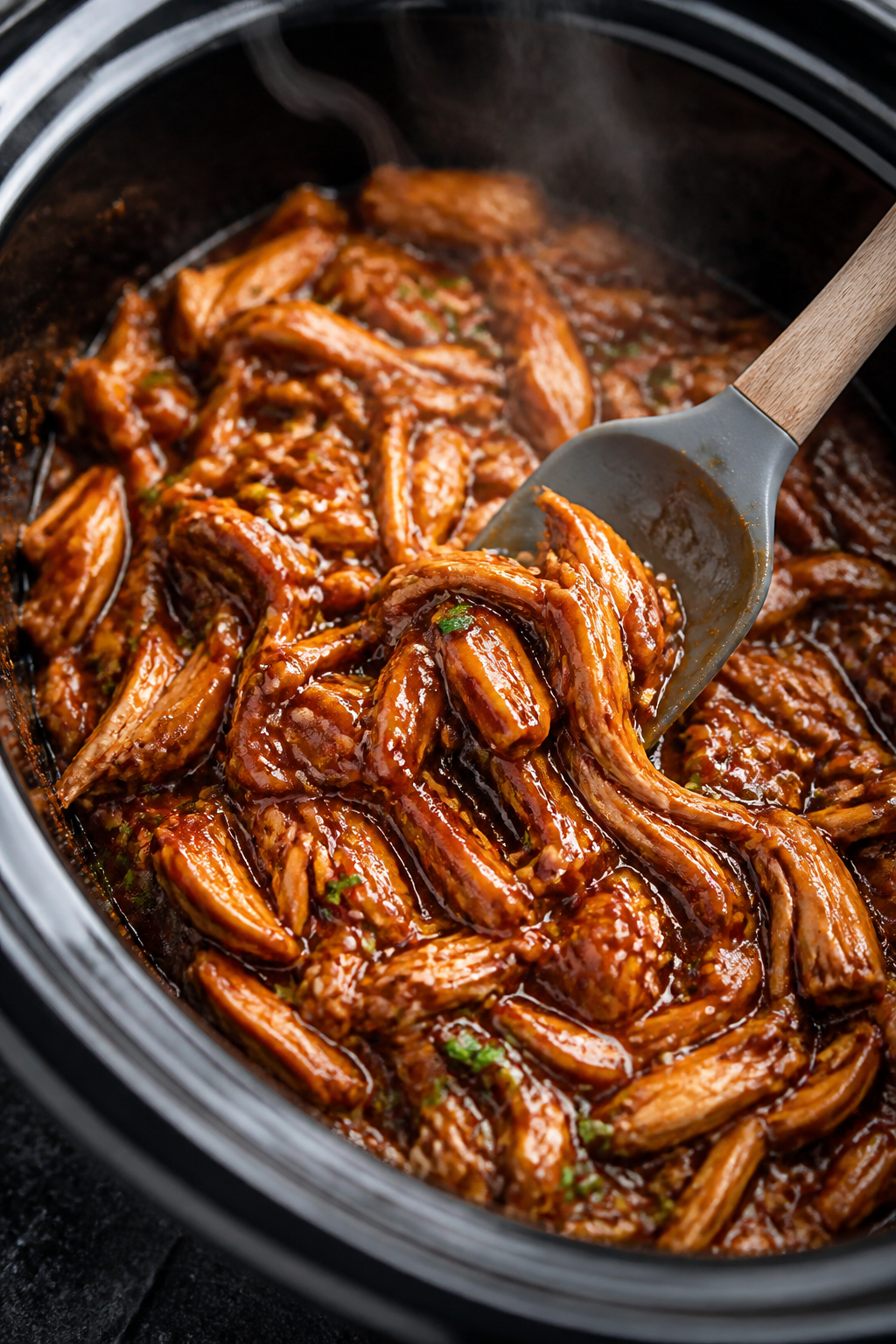 Close-up detail: Glossy teriyaki chicken thighs just shredded and tossed back in thickened sauce, gl