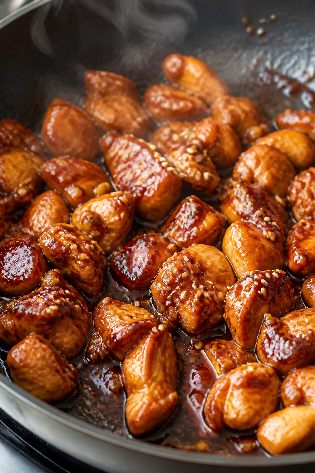 Close-up detail: Glossy teriyaki chicken thighs simmering in a skillet, sauce visibly thickened and 