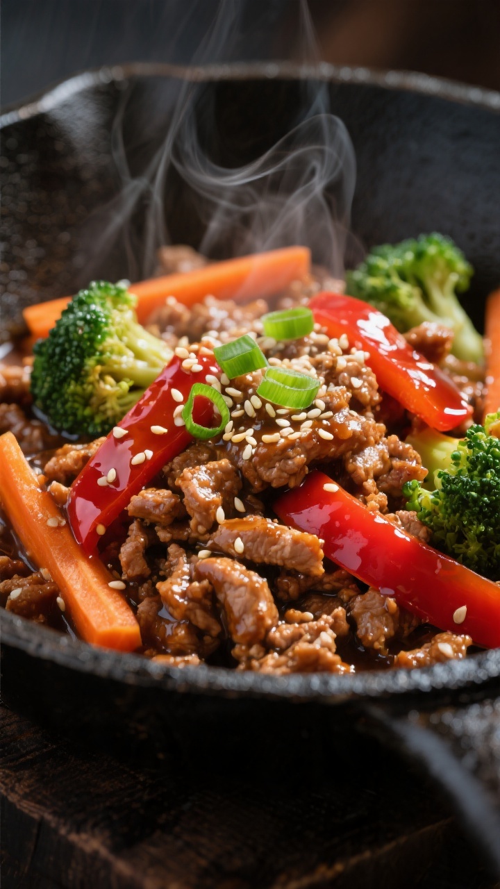 Close-up detail: Glossy teriyaki-coated ground turkey crumbles in a skillet with crisp-tender red be