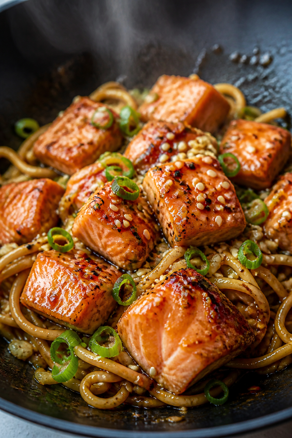 Close-up detail: Glossy teriyaki-glazed salmon cubes just folded into springy noodles, sauce clingin