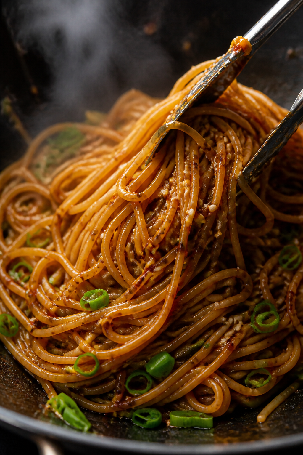 Close-up detail: Glossy wheat noodles being tossed in a wok right after the sesame-chili sauce is ad