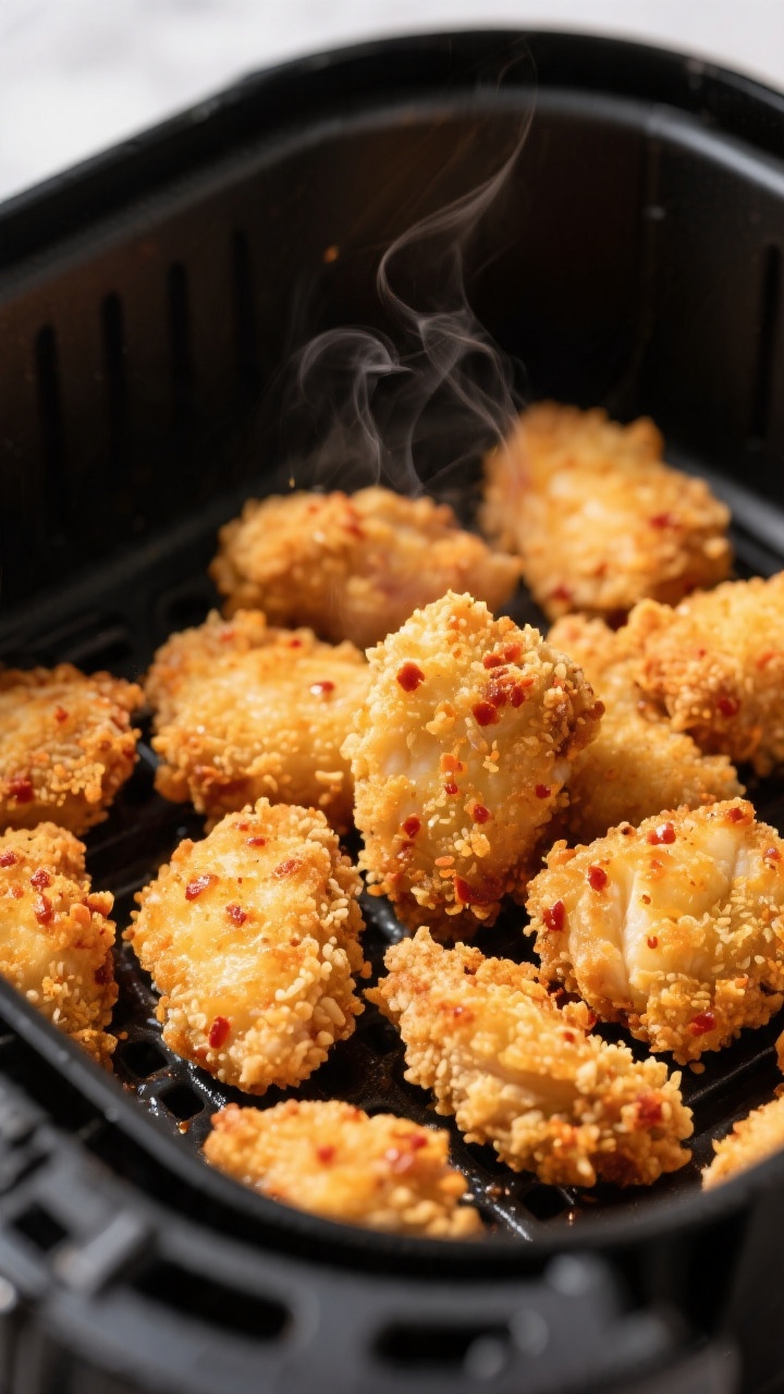 Close-up detail: Golden air-fried Bang Bang chicken bites just out of the basket at 400°F, crisp pa