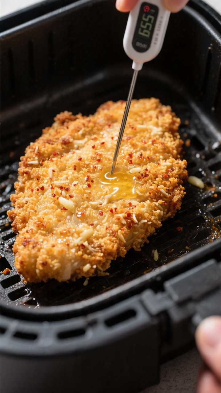 Close-up detail: Golden, air-fried chicken cutlet just flipped in the basket at 400°F, ultra-crispy