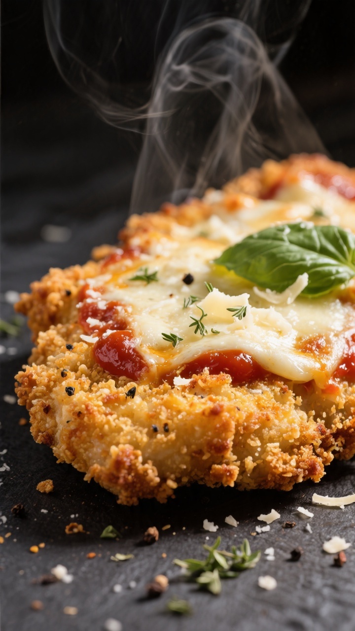 Close-up detail: Golden air-fried chicken Parmesan cutlet just after melting, with bubbling mozzarel